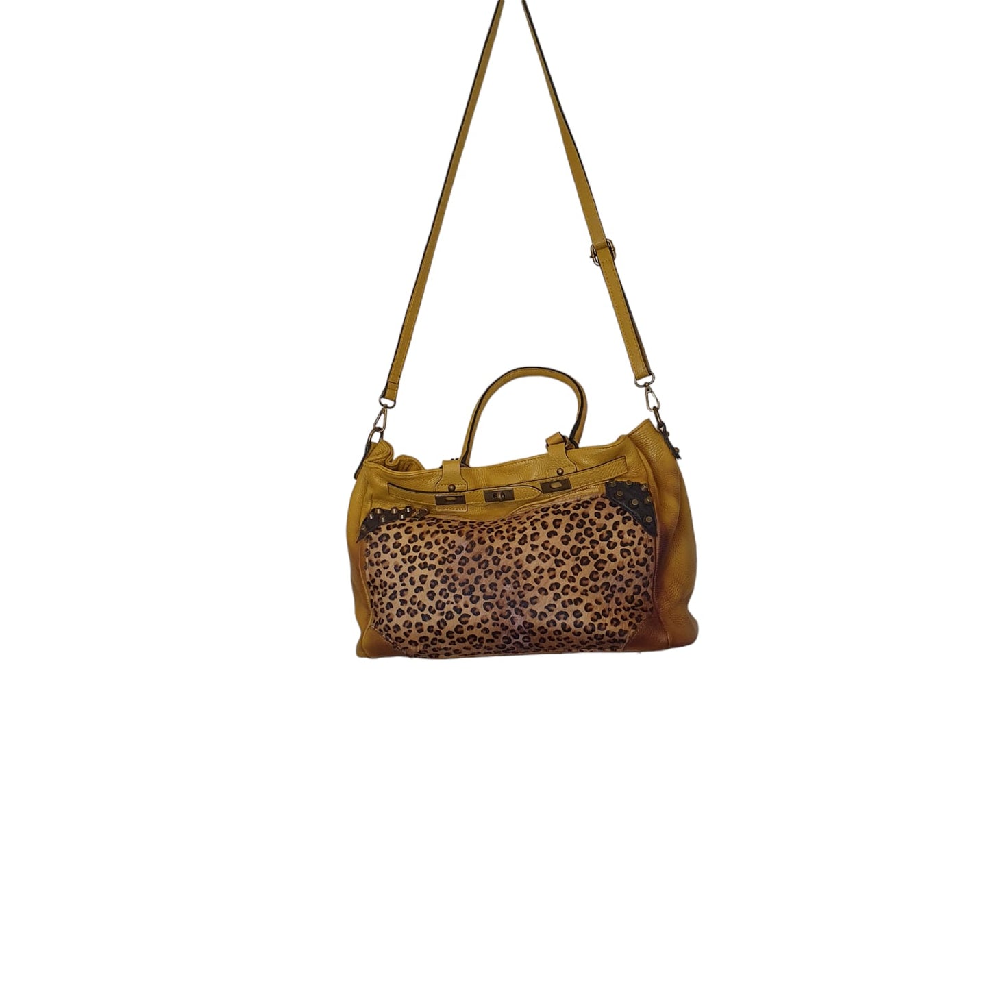 Borsa giallo in pelle e tessuto maculata
