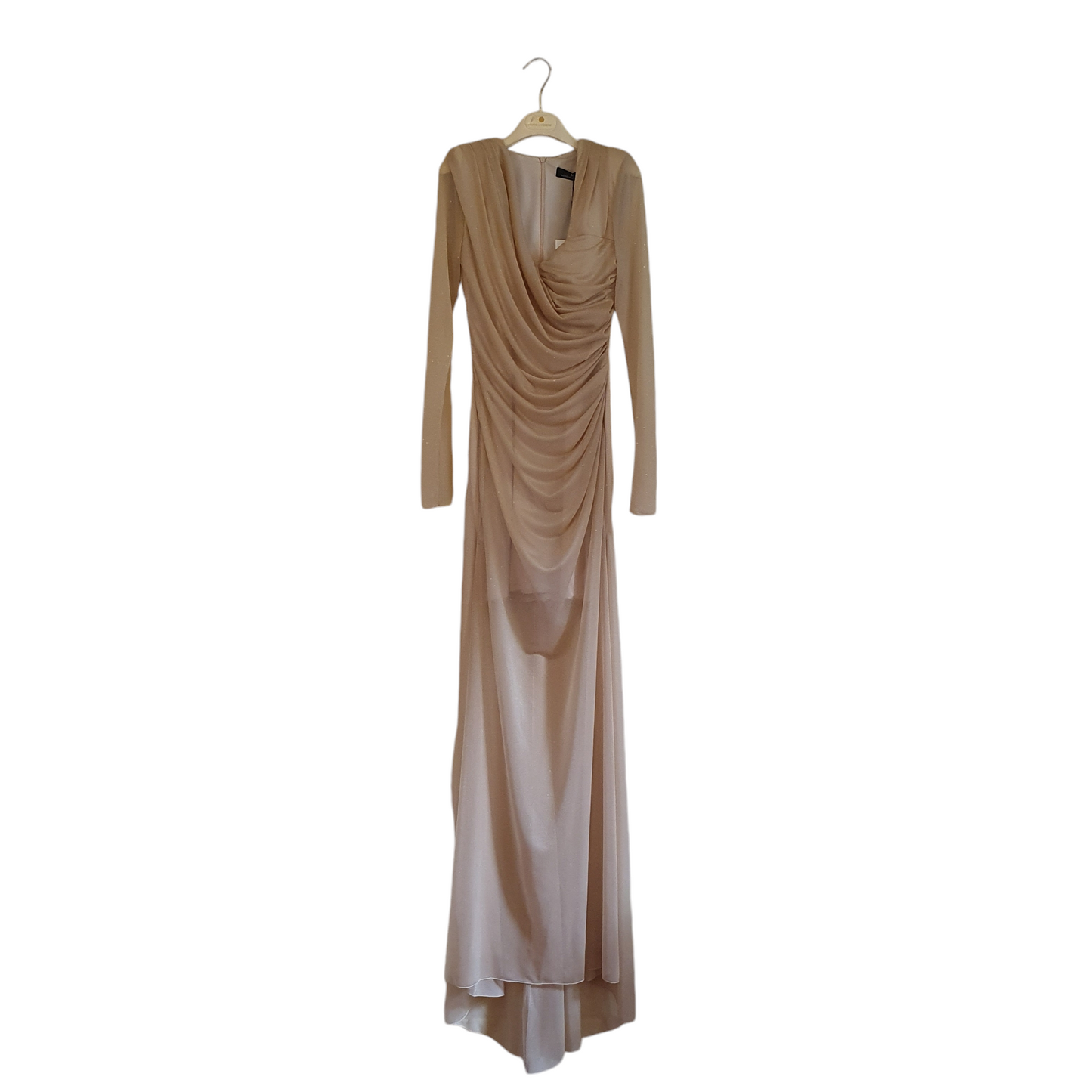 Abito lungo elegante nude in tessuto lurex di Monique Garconne, stile perfetto per Fossano