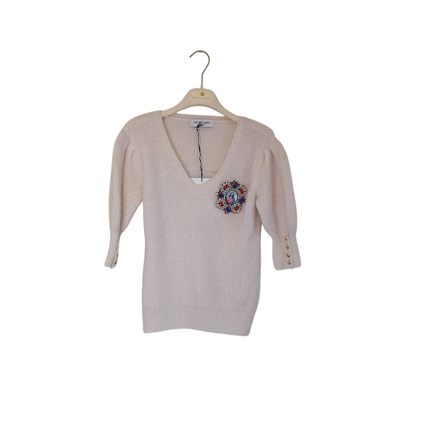 Maglia color panna con scollo a V e applicazione di Odi et Amo, per un look sofisticato e chic a Fossano