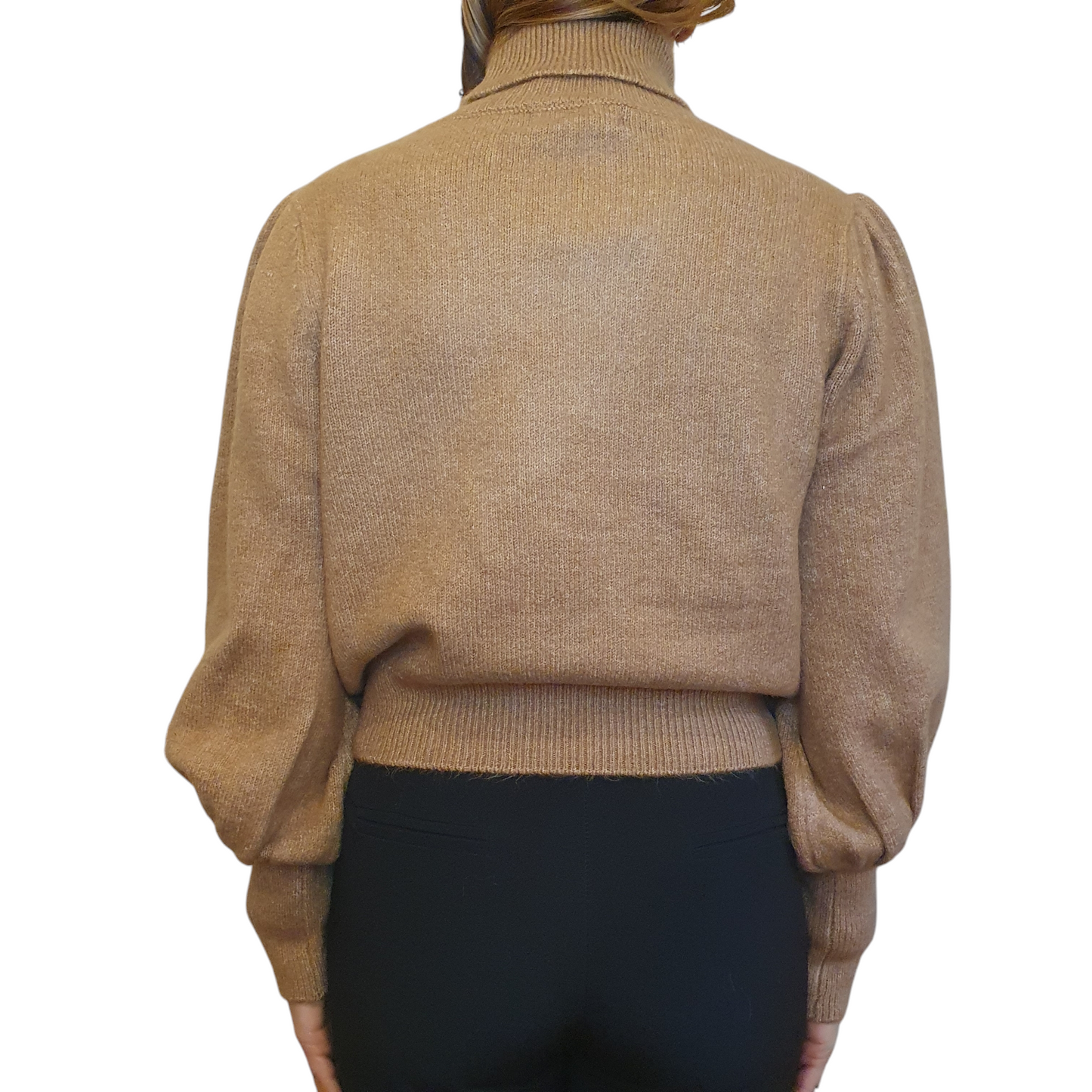 Maglione crop a collo alto in marrone con manica a sbuffo di Giulia Nati Couture, un capo elegante per ogni occasione a Fossano