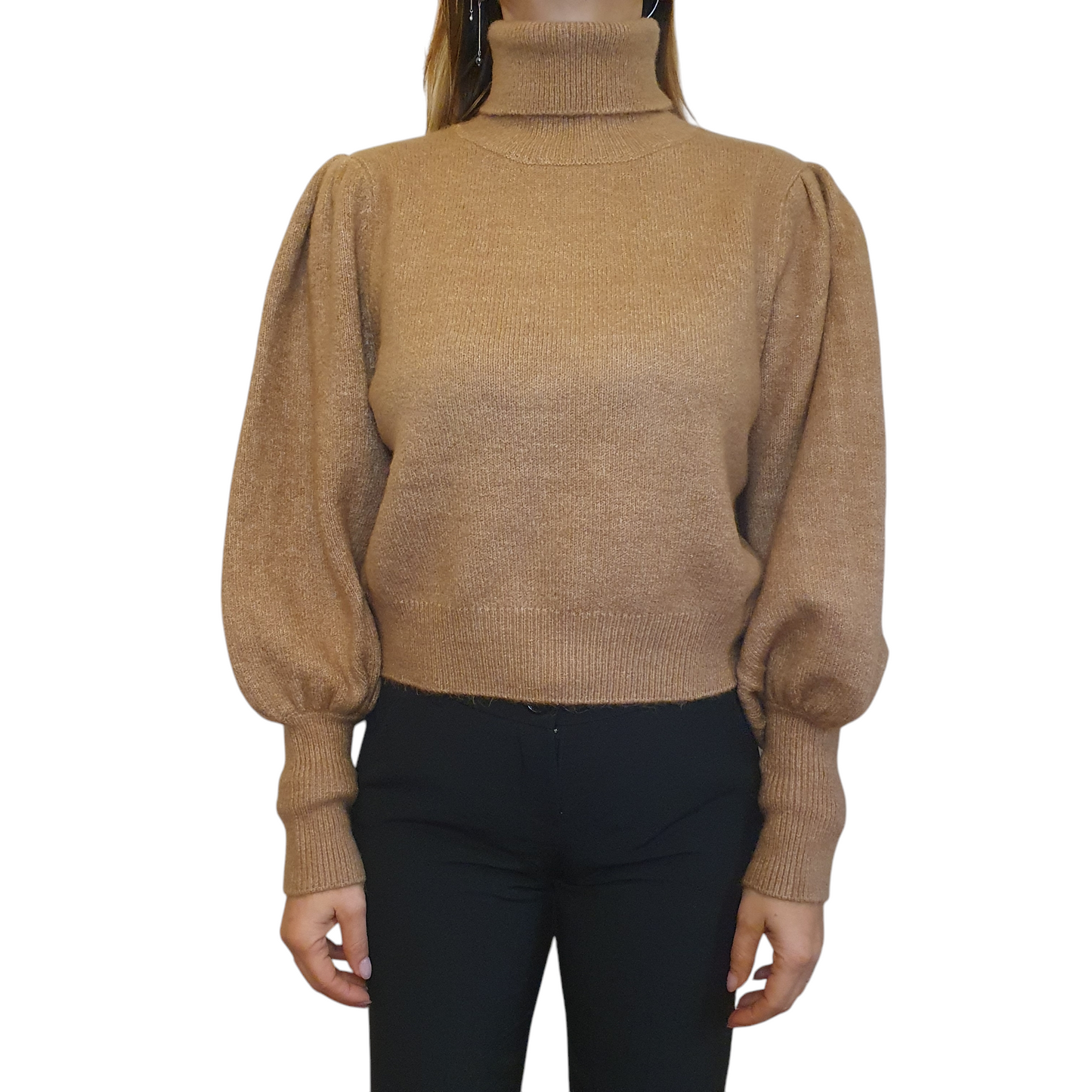 Maglione Giulia Nati Couture crop marrone, con manica a sbuffo e collo alto, ideale per un look trendy a Fossano