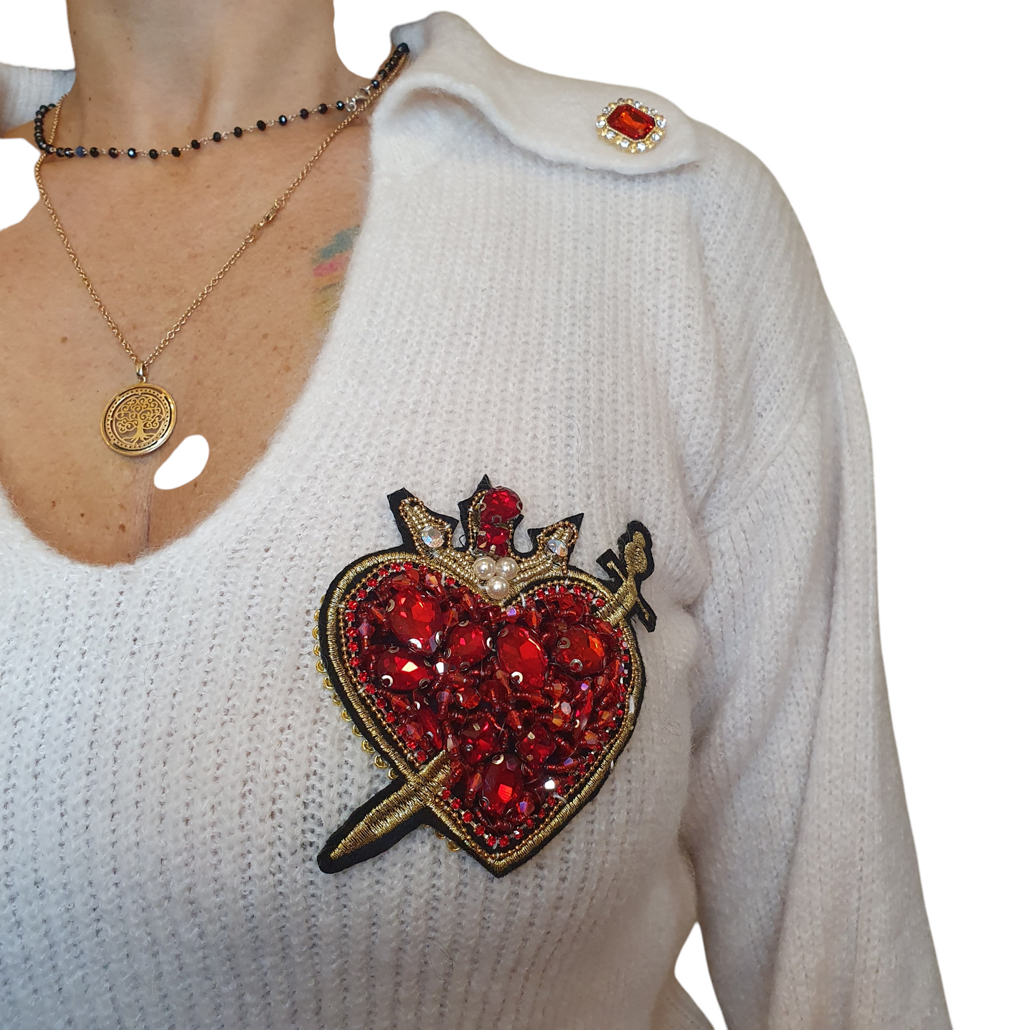 Pullover bianco da donna con applicazioni e scollo a V di Odi et Amo, per un look elegante e moderno a Fossano