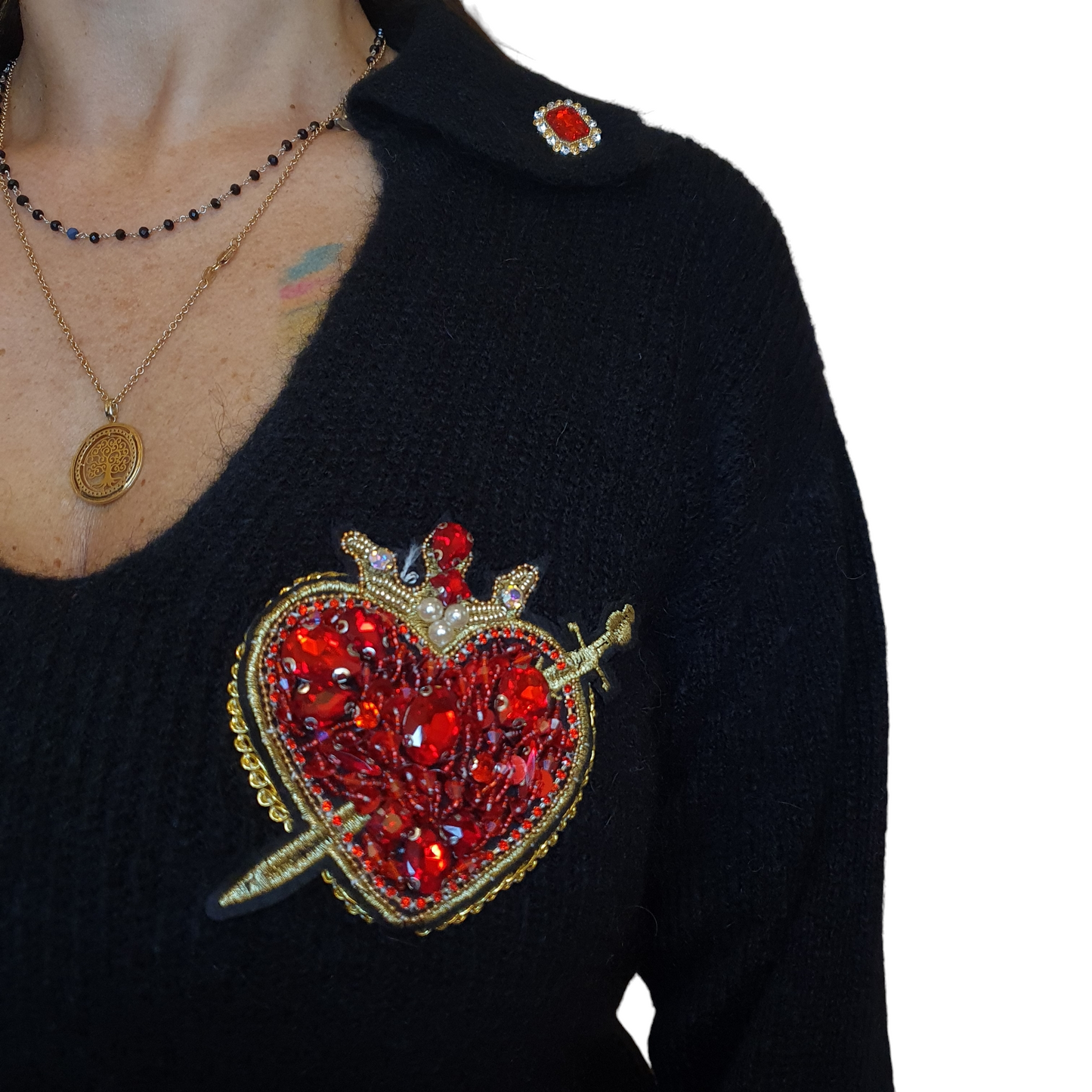 Pullover nero da donna con dettagli applicati e scollo a V di Odi et Amo, ideale per ogni occasione a Fossano