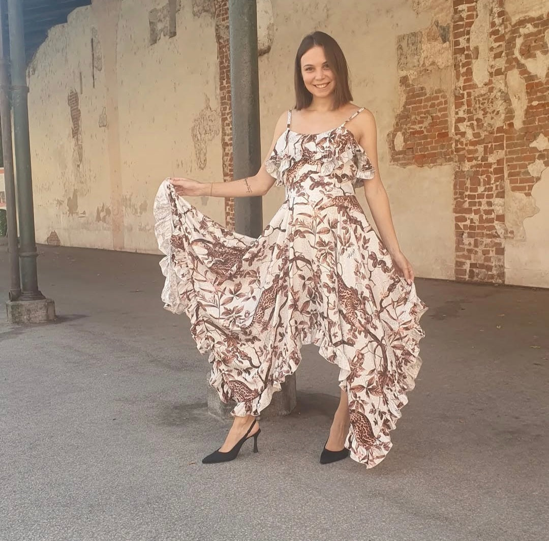 Abito jacquard leopardato asimmetrico