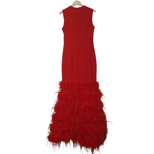 Vestito elegante rosso con dettagli in piume della collezione Giulia N Couture in vendita a Fossano