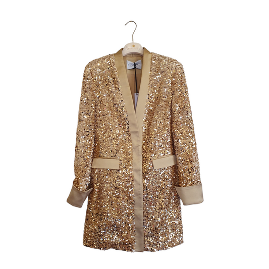 Abito-blazer oro con paiettes di Giulia Nati Couture, per un look elegante e scintillante nelle occasioni speciali a Fossano
