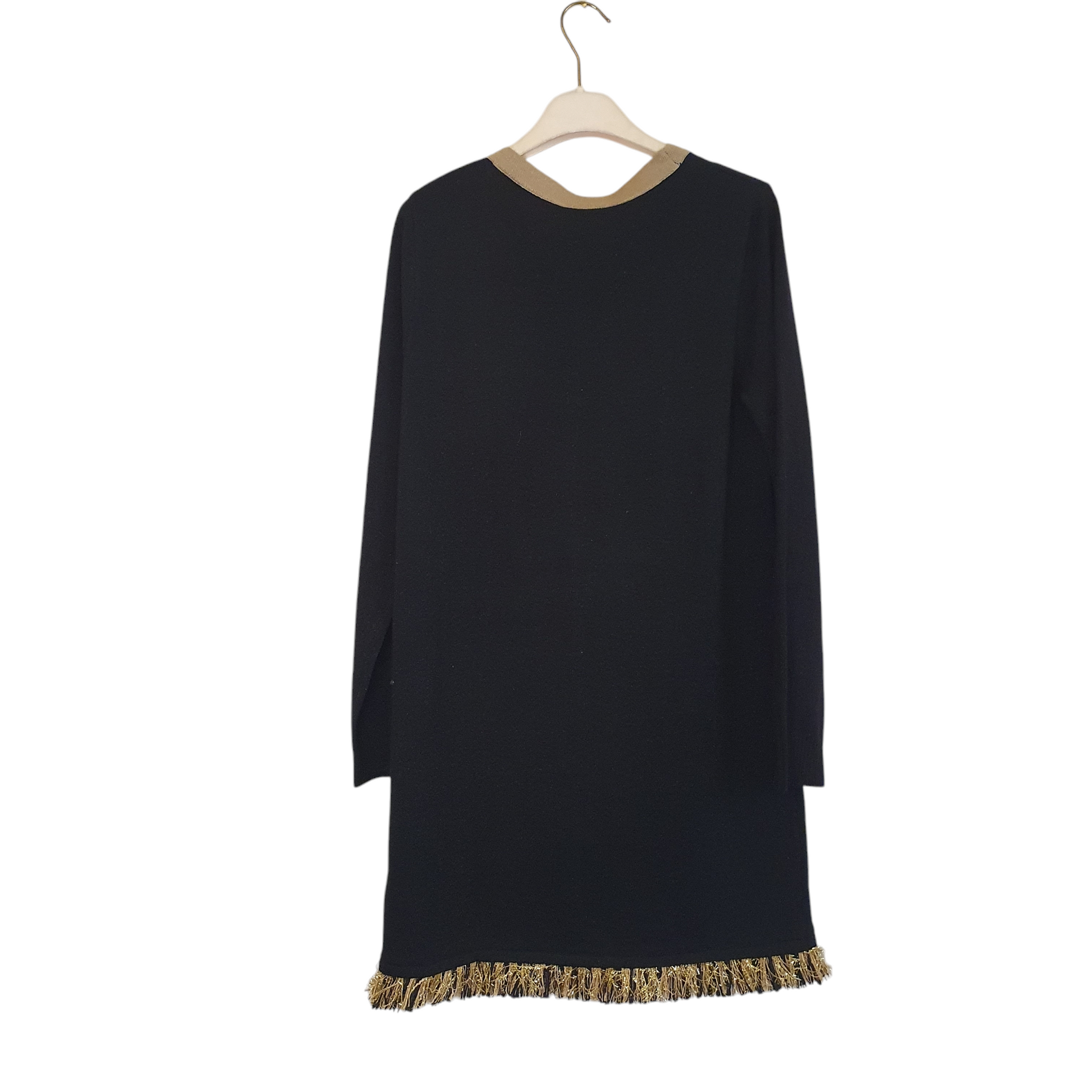 Abito da donna Le Voliere in maglia con frange, nero e oro, per uno stile unico a Fossano
