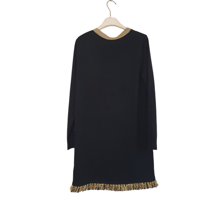 Abito da donna Le Voliere in maglia con frange, nero e oro, per uno stile unico a Fossano
