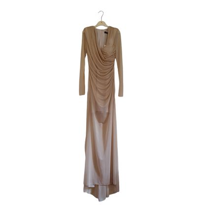 Abito lungo elegante nude in tessuto lurex di Monique Garconne, stile perfetto per Fossano