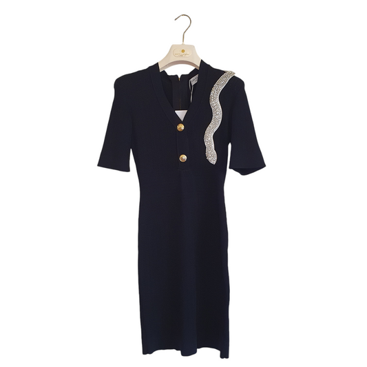 Abito nero da donna con zip e applicazione gioiello, elegante e sofisticato, perfetto per un evento a Fossano
