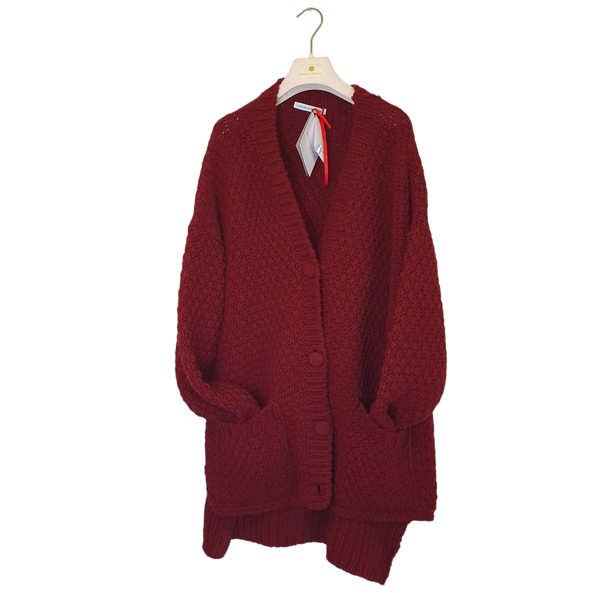 Cardigan bordeaux in maglia con bottoni di Mar des Margaritas, un capo elegante per le donne di Fossano
