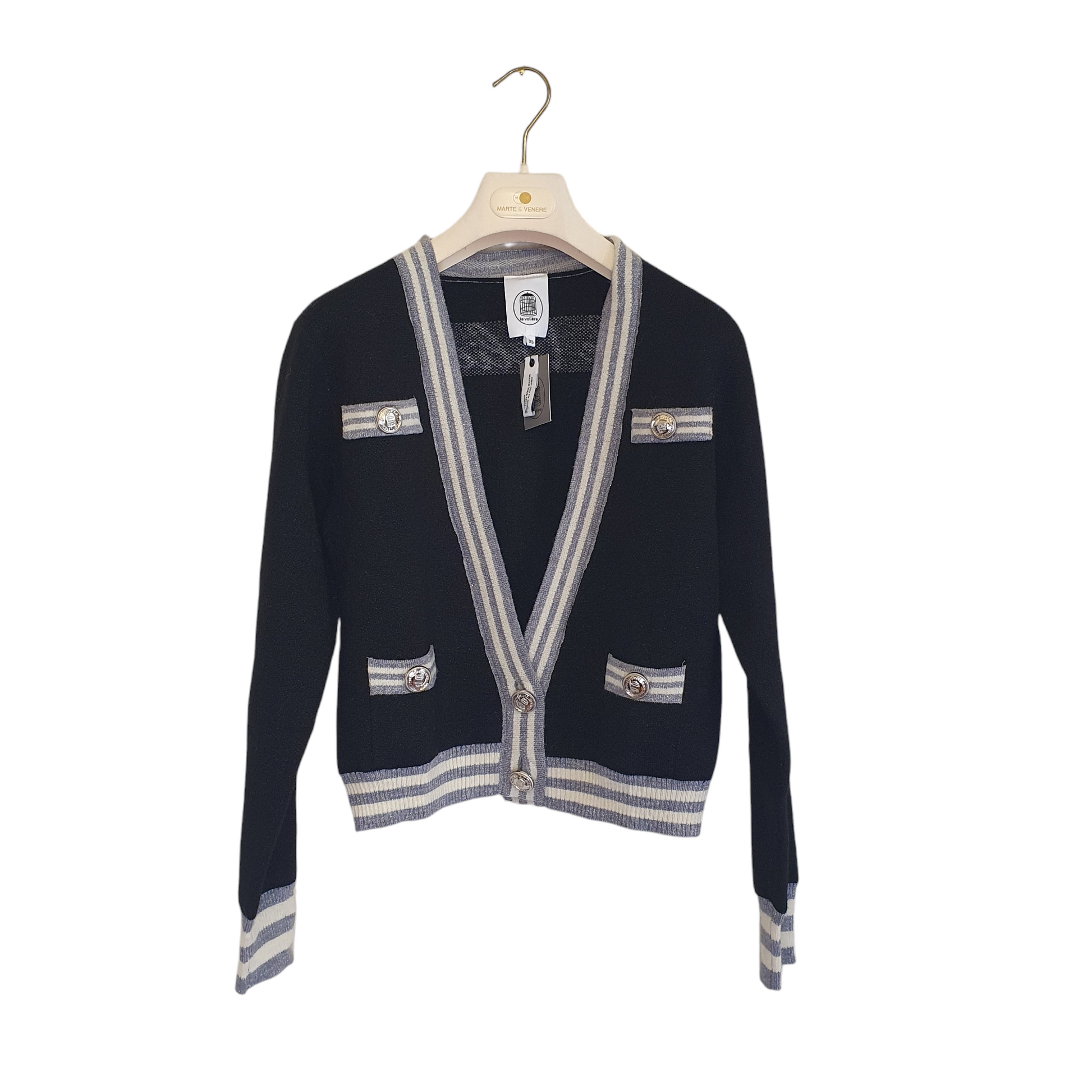 Cardigan nero crop con bottoni gioiello Le Voliere, perfetto per completare il tuo outfit elegante a Fossano