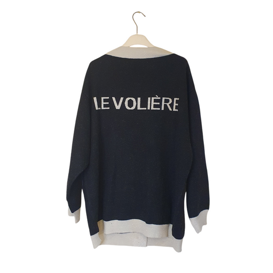 Cardigan nero over con dettagli di bottoni gioiello Le Voliere, ideale per un outfit sofisticato a Fossano