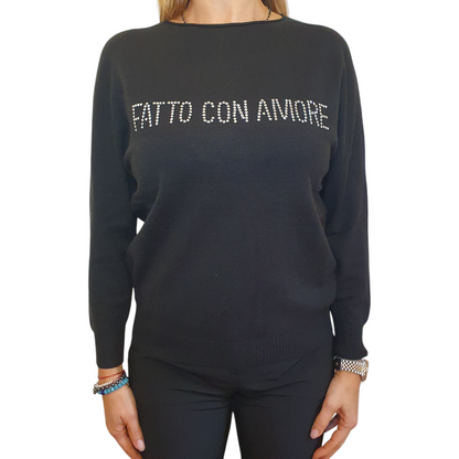 Maglia nera con collo largo, impreziosita da strass, firmata Giulia Nati Couture
