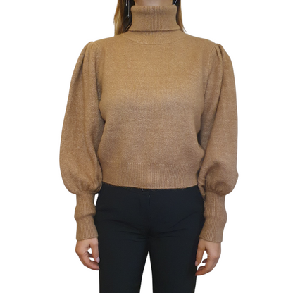 Maglione Giulia Nati Couture crop marrone, con manica a sbuffo e collo alto, ideale per un look trendy a Fossano
