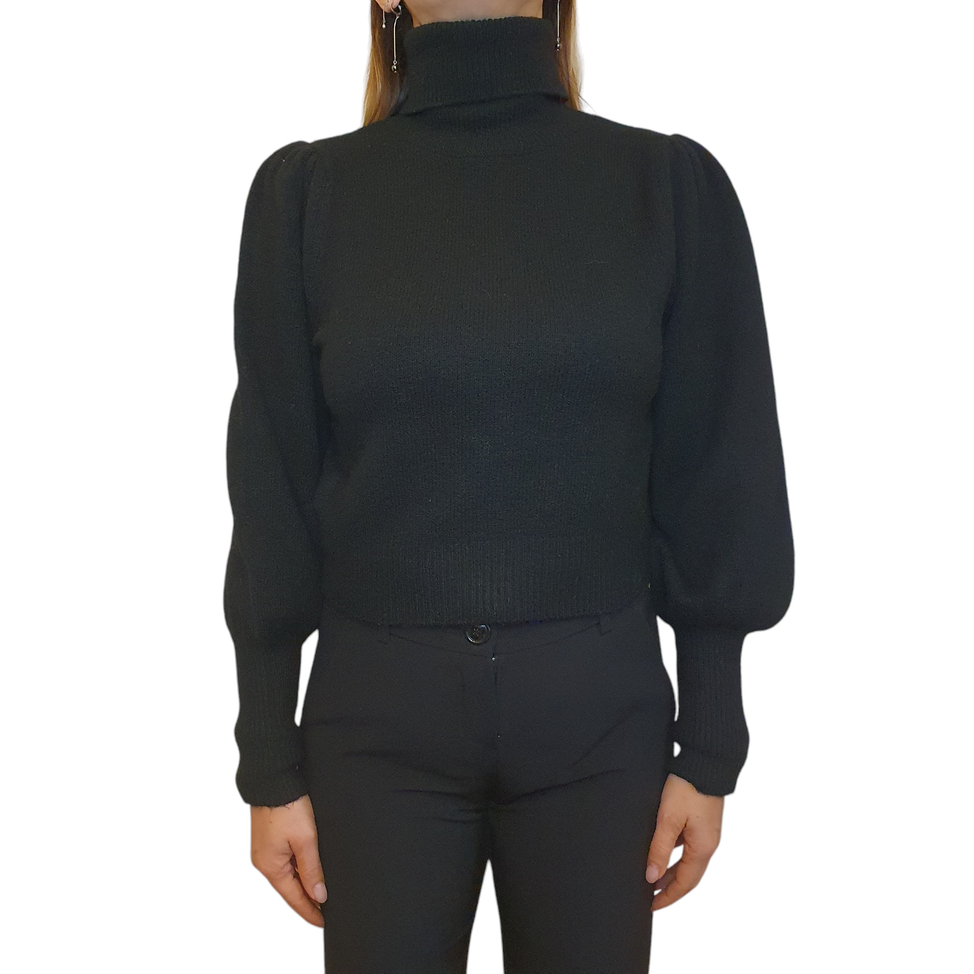 Maglione Giulia Nati Couture crop nero, con manica a sbuffo e collo alto, ideale per un look trendy a Fossano