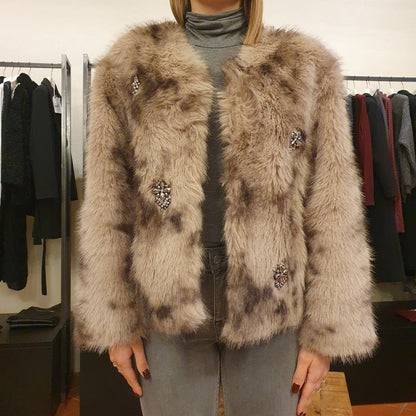 Ecopelliccia beige con strass