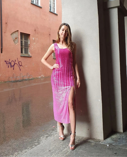 Abito lungo paiettes fucsia